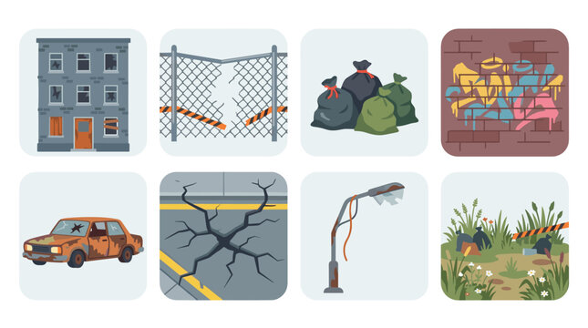Urban decay elements collection illustrates various signs of neglect, abandonment, and disrepair in city environments, highlighting issues of urban blight.