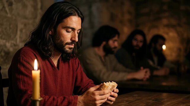Jesus Christ holding bread during the biblical last supper on holy thursday surrounded by his faithful apostles in a dimly lit ancient stone room showing deep religious devotion and faith