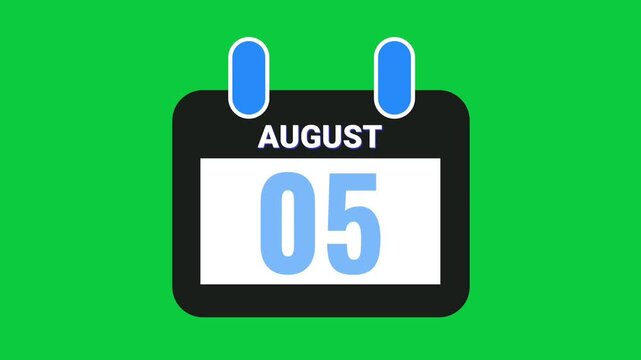 Animated Calendar Icon Displaying August 05 Date with Green Screen Background