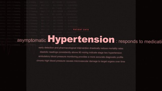 Hypertension cardiovascular risk clinical data text montage, high blood pressure medical monitor stop motion hud