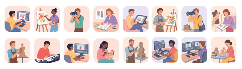 Fototapeta premium Creative people pursuing diverse artistic activities and hobbies are depicted in a vibrant collection of flat illustrations showcasing their talents.