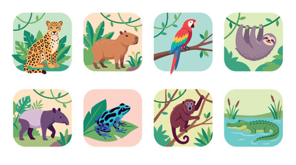 Fototapeta premium Amazon rainforest animals vector illustration collection featuring jaguar, capybara, macaw, sloth, tapir, frog, monkey, and alligator in their natural jungle habitats.
