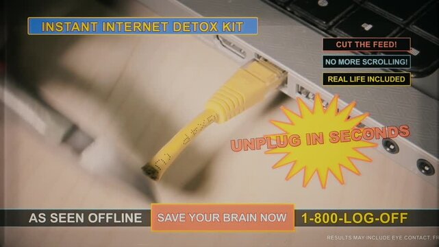 Satirical infomercial parody advertising fake internet detox kit with unplugged ethernet cable and retro graphics. Humorous commentary on digital addiction and social media overload.
