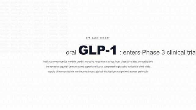 GLP-1 weight loss clinical trial data text montage, obesity medication medical journal stop motion typography