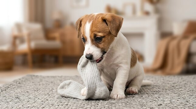 Small jack russell terrier puppy playing with a gray sock inside a cozy living room with while playfully chewing indoor home setting