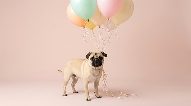 Adorable pug dog standing still holding a bunch of colorful pastel balloons against a soft pink studio background with ribbons trailing downwards