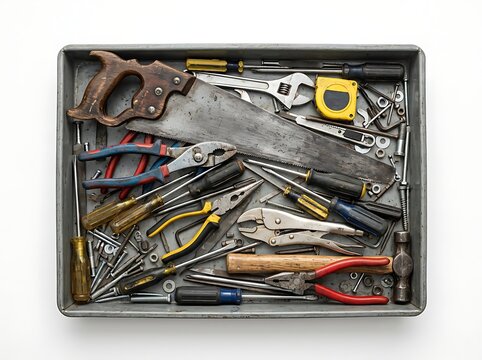 Top down view of a metal tool box filled with various hand tools including a hand saw pliers screwdrivers and a tape measure