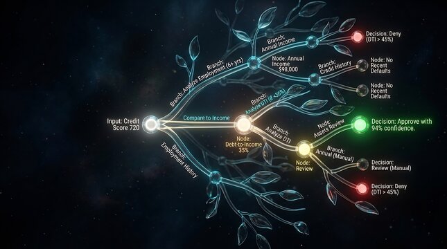 Futuristic 3D decision tree visualization with glowing nodes and branching paths in dark space