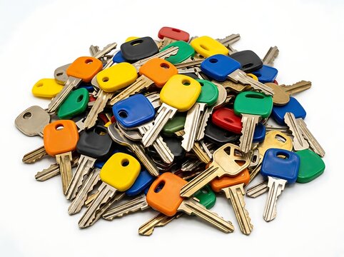 A large pile of assorted metal keys with colorful plastic caps isolated on a white background representing security access and home ownership