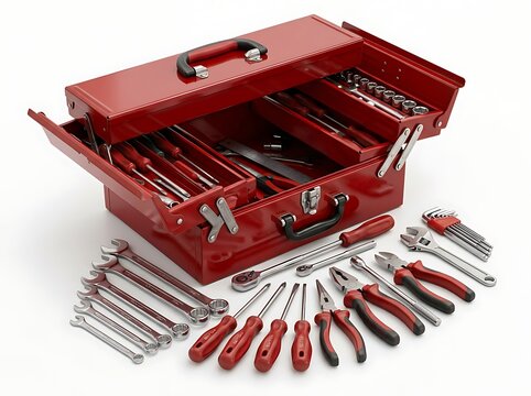 A red metal cantilever tool box opened wide with various hand tools and wrenches spread out on a clean white studio background surface