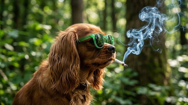 Cavalier king charles spaniel wearing green sunglasses smoking a cigarette in a lush green forest setting with natural forest background