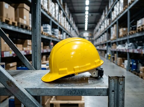A bright yellow hard hat sitting on a metal shelf inside a large industrial warehouse with blurred storage racks in the background