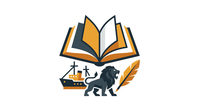 Creative Educational Emblem with Lion Ship and Quill