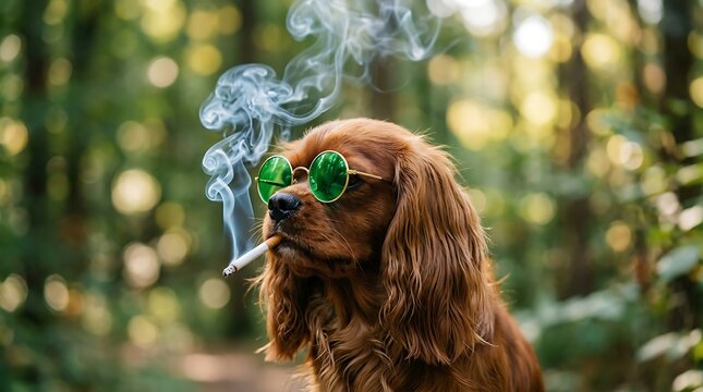 Cool brown spaniel dog wearing green round sunglasses smoking cigarette outside in blurred forest setting with sunglasses while holding