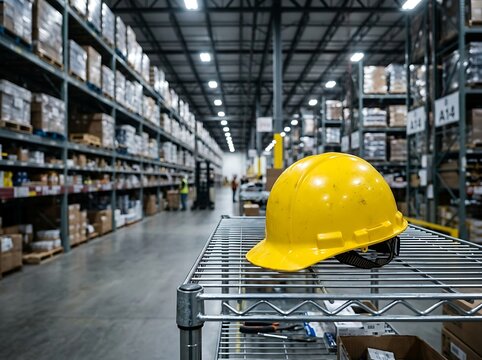 A bright yellow hard hat resting on a metal shelf inside a large modern industrial warehouse with tall rows of storage racks