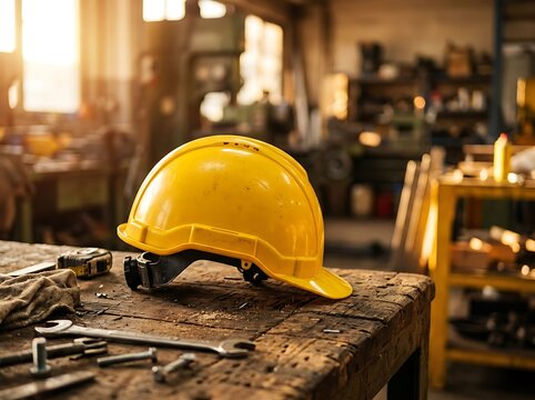 A bright yellow hard hat sits on a rustic wooden workbench inside a busy industrial workshop with various metal tools scattered around it