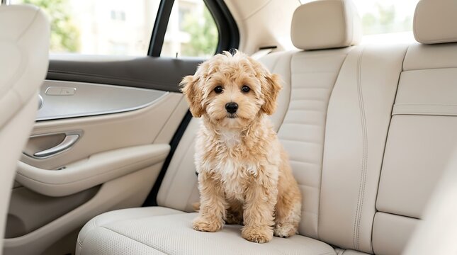 Small fluffy gold puppy sitting patiently on light beige leather back seat inside luxury vehicle with modern luxury automobile inside bright interior