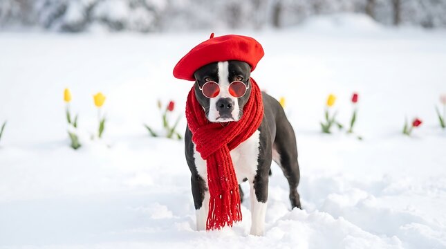 Stylish dog wearing red beret scarf and sunglasses standing amidst snowy landscape with colorful tulips with matching scarf round field bright flowers