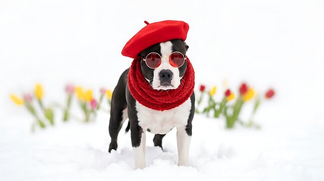 Stylish black and white dog wearing red beret scarf and sunglasses standing in snowy garden with red tinted circular sunglasses snow wearing vibrant