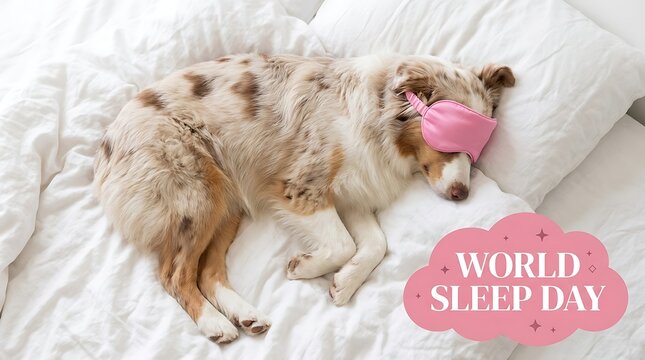 Australian shepherd dog sleeping peacefully wearing pink eye mask on white bedding comforter concept with capturing cozy restful mood