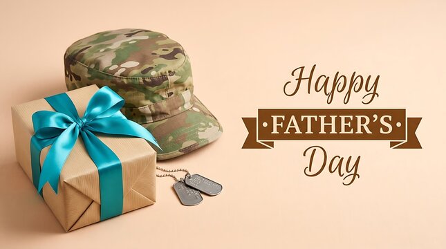 Military father day gift celebration featuring camouflage cap and metal identification tags on beige background with blue ribbon camouflage