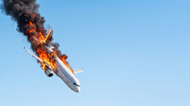 A commercial airplane is in flames, falling from the sky. Smoke and fire billow from the aircraft as it descends. The scene captures a moment of danger and urgency high above the ground
