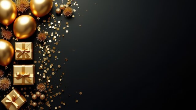 opulent gold balloon decor flat lay against matte black background for luxury event marketing concept