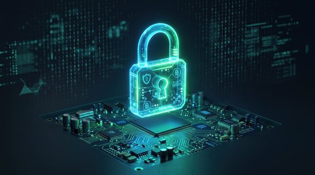 Futuristic glowing padlock icon hovering over microchip circuit board with binary code, illustrating blockchain cryptography authentication and secure digital identity