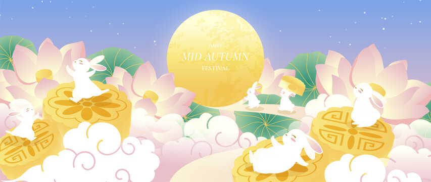 Mid Autumn Festival vector background wallpaper with two jade rabbits, mooncakes, teapot, glowing full moon, lotus flowers, clouds and purple mountain landscap