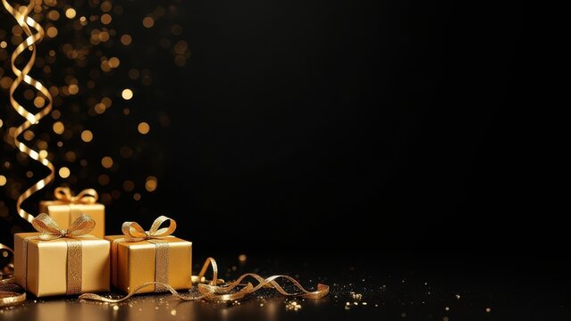 luxurious gold party decorations and gift boxes on matte black background for elegant celebration and advertising display