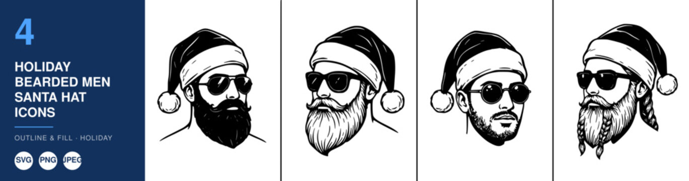 Four Bearded Men Wearing Santa Hats and Sunglasses in a Festive Illustration Featuring Holiday, Christmas, Beards with Facial