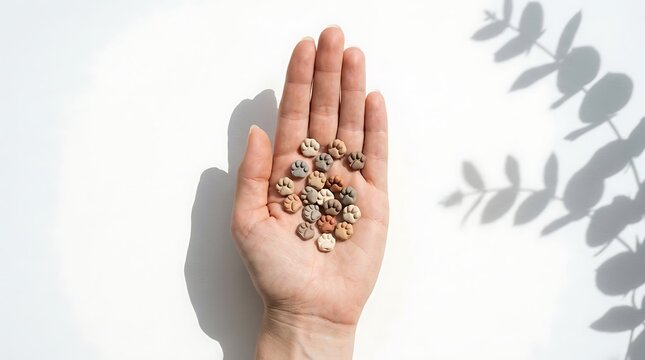 Open human hand holding small decorative clay paw prints against a minimalist white background surface with open palm