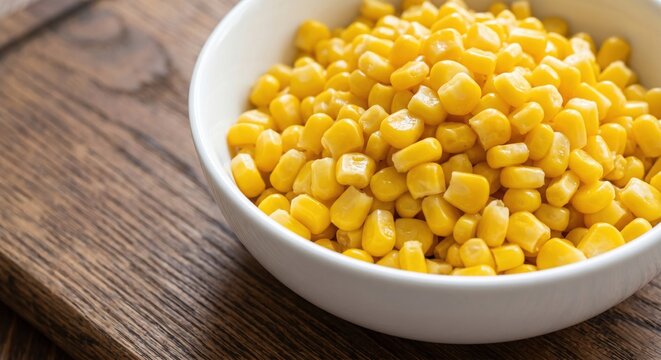 Fresh sweet corn kernels in a white bowl on a rustic wooden table with copy space. Healthy vegetable ingredient for cooking, salads and side dishes in natural light.