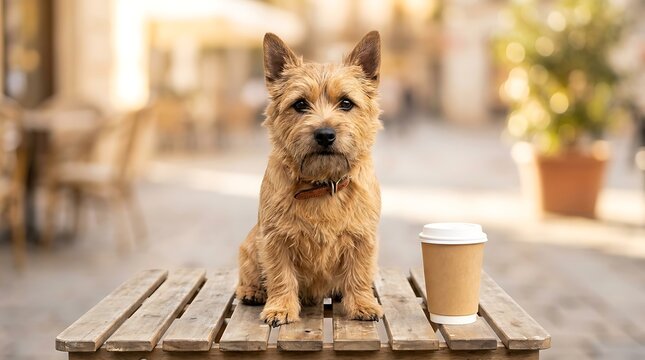 Small terrier dog sitting at wooden cafe table next to disposable coffee cup outdoors with sitting patiently rustic beside takeaway coffee