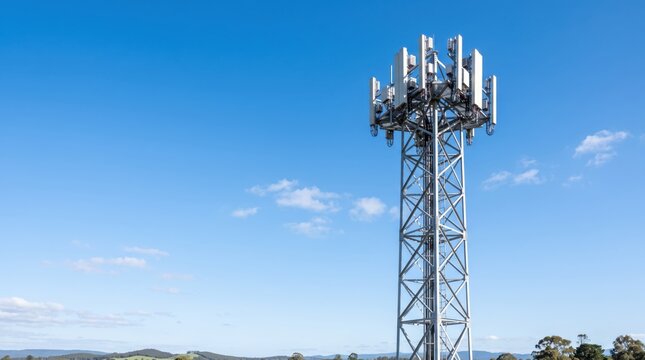 Modern telecommunication tower with antenna array against clear blue sky, wireless network infrastructure for mobile data transmission and internet connectivity in rural landscape