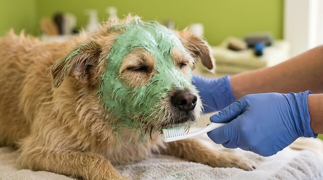 Relaxed dog receiving professional pet grooming treatment with facial mask with while professional groomer latex gloves applies resting towel