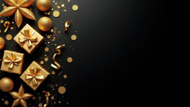 luxurious gold party flat lay arrangement with ribbons and gift boxes on black background perfect for holiday promotions