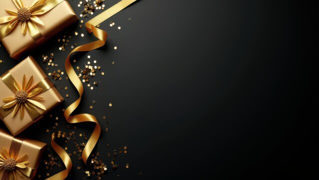 luxurious flat lay gold party decorations gift boxes on black background for elegant holiday advertisement backdrop