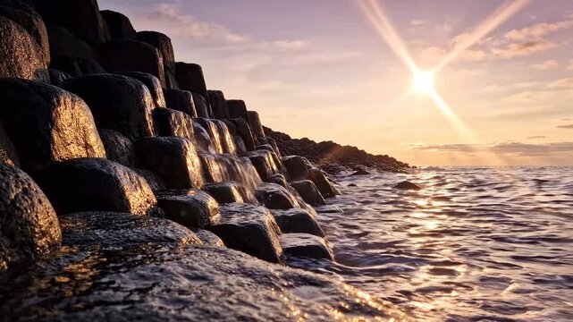 Gentle waves lap against a unique hexagonal rock formation during a golden sunset, creating a serene coastal landscape with warm light reflections.
