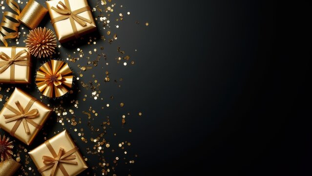 luxurious golden party flat lay decor with gift boxes on black background for celebration advertising