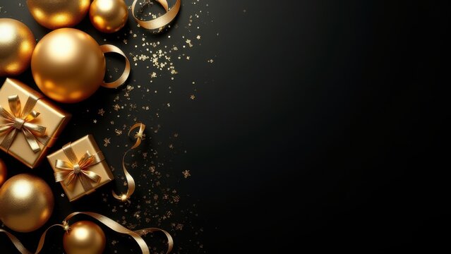 luxurious overhead flat lay gold party decorations with foil balloons gifts and confetti on black background for celebration marketing mockup