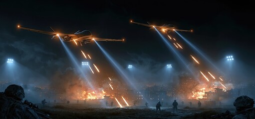 Obraz premium In a tense urban battlefield at night, military drones execute strikes amid bright floodlights and fiery blasts.