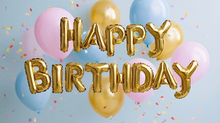 Obraz premium The Happy Birthday Balloons with Gold Foil Letters and Festive Confetti