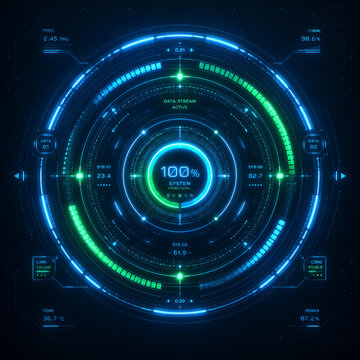 Futurystyczny neonowy interfejs HUD z cyfrowym okręgiem i danymi, ciemne tło technologiczne sci-fi 3D🔑 Słowa kluczowe