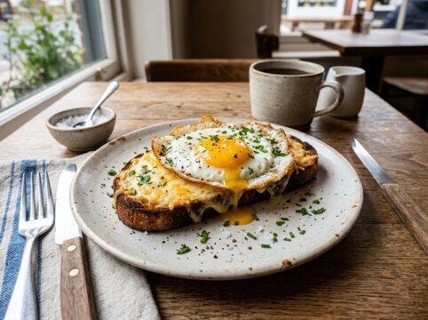 Fried egg on sourdough toast with herbs.