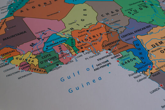 Detailed political map of West Africa, highlighting countries, borders, capitals, and the Gulf of Guinea.