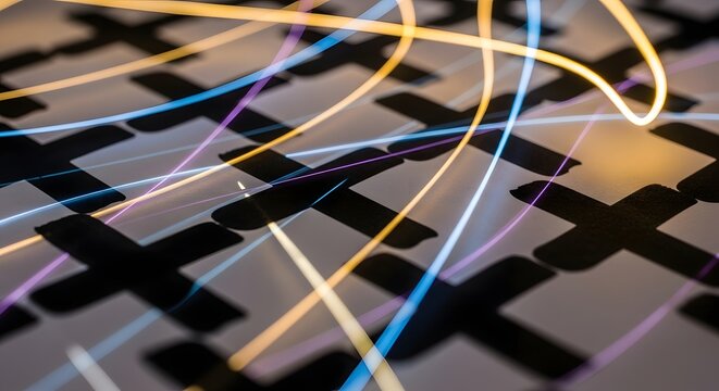Abstract geometric black crosses on white background with glowing light lines.