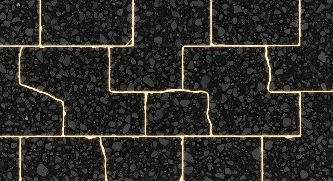 Modern dark asphalt stone pattern with glowing golden light cracks.