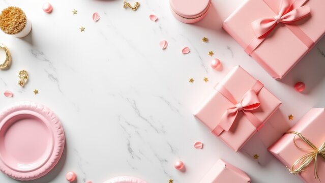 bright cheerful pink birthday flat lay gift boxes tableware on marble for celebration background mockup joyful party setup