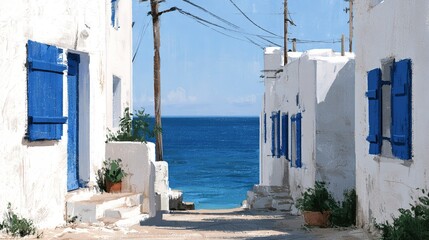 Fototapeta premium Flat color painterly digital illustration of Mediterranean coastal alley overlooking sea, white plaster buildings with blue shutters and door, terracotta potted greenery, sharp sunlight shadows, ocean